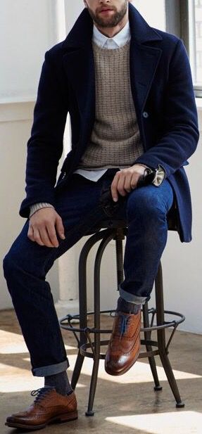 Oxford, Outfits, Navy Peacoat Outfit Men, Mens Navy Coat, Mens Tan Peacoat Outfit, Blue Jean Outfits, Navy Peacoat Outfit, Navy Jeans Outfit, Overcoat Men