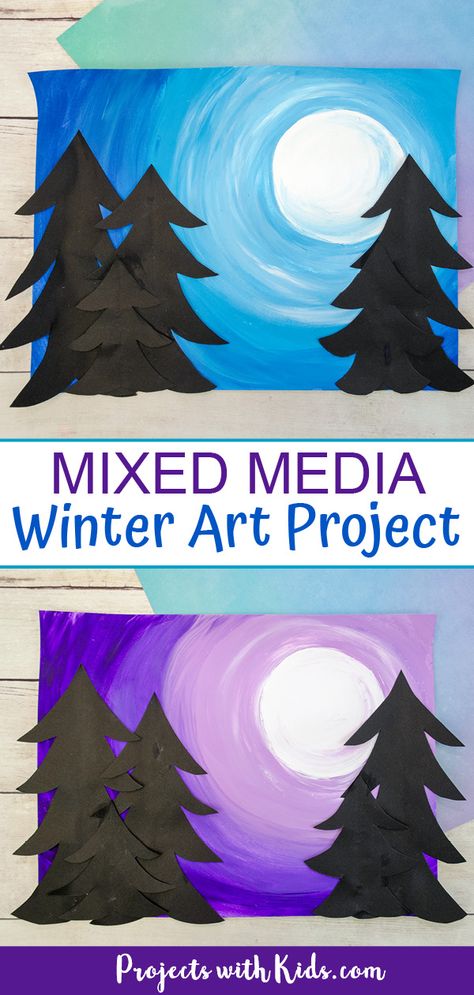 Create beautiful mixed media winter art with easy techniques and simple supplies. A fun winter art project that kids will love to create! #projectswithkids #winterart #kidsart #mixedmediaart Crafts, Art, Diy, Winter Art Projects, Winter Art Lesson, Fall Art Projects, Winter Painting Kids, Christmas Art Projects, Art Projects Kids