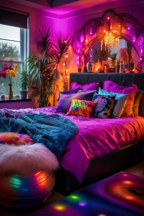 This neon bedroom is a bohemian escape featuring multicolor neon lights that dance along the eclectic decor and cozy, laid-back furniture, creating a vibrant and free-spirited atmosphere. Colorful Eclectic Bedroom, Colorful Room Decor, Colorful Apartment, Apartment Decor, Exotic Room Decor, Bright Bedroom Ideas, Colorful Maximalist Bedroom, Funky Bedroom Decor, Neon Decor