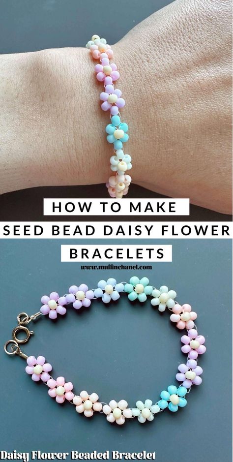 How to Make Seed Bead Daisy Flower Bracelets - MuffinChanel Beaded Jewellery, Bead Jewellery, Bracelets, Bijoux, Seed Bead Bracelets Diy, Seed Bead Bracelets, Seed Bead Bracelets Tutorials, Beaded Jewelry, Bead Jewelry
