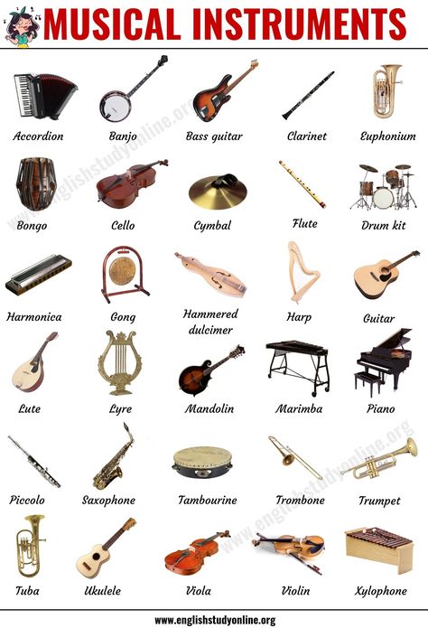 Musical Instruments: List of 30 Popular Types of Instruments in English - English Study Online Electric, Musical Instruments, Saxophone, Drums, Oboe, Banjo Ukulele, Percussion Instruments, Instrument Families, Bass Clarinet