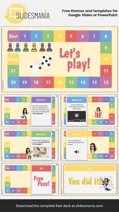 This time I created a digital board game for Google Slides and it can also be used in PowerPoint You can use this interactive template for online learning if you are doing some synchronous sessions with your students. But it can also be fun for when schools reopen, and we all go back to “normal”.  You put the game rules, so it can be used for any subject. Just write the instructions for your game on the second slide and then add 21 activities. If you don’t want to use all the slides, you can add Organisation, Flipped Classroom, Online Learning Games, Teaching Game, Board Game Template, Online Teaching, Online Learning, Powerpoint Games, Digital Learning Activities