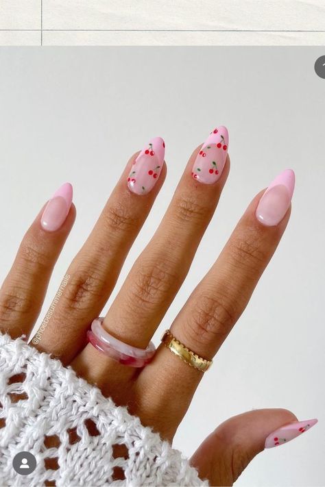 Cherry and pink summer almond shape nails Nail Designs, Nail Art Designs, Gel Nail Designs, Manicures, Cute Almond Nails, Best Acrylic Nails, Nails Inspiration, Cute Gel Nails, Trendy Nails