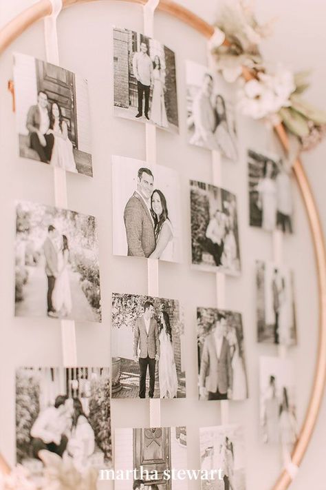 If you had engagement portraits taken, you'll want to show off the results on the big day. Engagement photos of the bride and groom were secured with white ribbon and displayed in a metal hoop for this modern piece. #weddingideas #wedding #marthstewartwedding #weddingplanning #weddingchecklist Bridal Shower Decorations, Bridal Shower Favours, Wedding, Bridal Shower Photos, Bridal Shower Favors, Bridal Shower, Wedding Shower, Bridal, Wedding Party