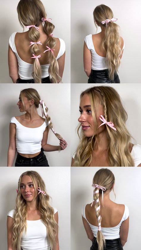 Bow Ponytail, Hair Bow Hairstyles, Bow Hairstyle Tutorial, Hairstyles With Ribbon, Fun Hairstyles, Bow Hairstyles, Ribbon Hairstyle, Hairstyle With Bow, Cute Ponytail Hairstyles