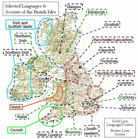 A vaguely accurate map of the main British accents. England, Anglo Saxon, British, British Accent, British Isles, England And Scotland, Genealogy Map, Dialect, Historical Maps