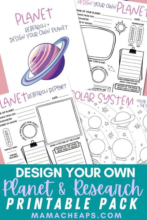 This printable pack is perfect for kids who love space! It would make a great activity for any students who are working on a unit that includes the planets and solar system! In this free printable pack, you will get a planet research page, a design your own planet page, and a blank solar system chart that kids can work on to reinfornce what they have learned! Head over to our blog to grab it. #science #stem #solarsystem #printable #mamacheaps Brownies, Diy, Pre K, Ideas, Design, Doodles, Planet Project, Planet Unit, Planet For Kids