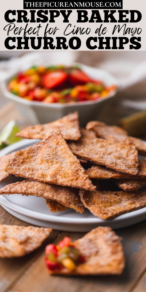 Homemade churro chips are so addicting and simple to make. Crispy baked tortilla chips coated in sweet cinnamon sugar and served with a delicious fruit style salsa. Homemade Churro, Churro Chips, Pie Crust Chips, Sugar Pie Crust, Baked Tortilla Chips, Sugar Free Sweets, Spicy Salmon, Sweet Dips, Keto Sweets