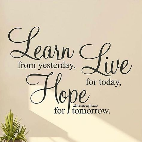 Learn Live Hope. Life has taught me many lessons. All of my lessons have made me a better person stronger and wiser. The most valuable lesson I've learned is live for TODAY! Life is truly short when you look at the grand picture. We only have a few days to find our purpose fulfill our purpose and make a difference. Make the best of those days. Don't make the mistake of looking back going back or turning back. Only look back to learn. Live for today. Revel in the now doing so gives me hope for the future. I don't worry about tomorrow it will take care of itself. I have hope that Yah knows my future. I have hope that He will lead me down the right paths. I have hope that even when trouble come I will be okay and everything will work out for my good. #givingtuesday #morningmeditation #iwillnotperish #cosmojewels08 #houston #twitter #yahushaisking #yahuahelohim #praiseiswhatido #prayerwalk #prayerwarrior Motivational Quotes, Wall Quotes, Inspirational Quotes, Sayings, Quotes, Yesterday And Today, Quote Decals, Inspirational Wall Art, Qoutes
