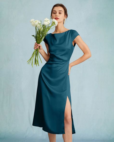 Summer, Evening Gowns Formal, Midi Sheath Dress, Formal Dresses For Women, Dresses With Sleeves, Satin Midi Dress, Floral Midi Dress, Midi Dress Formal, Midi Dress With Slit