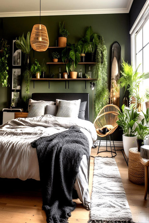 A nature-inspired men's bedroom with green walls, shelves filled with plants, and wicker accents, perfect for budget-conscious designs. Home Décor, Green Bedroom Decor, Green Room Ideas Bedroom, Bedroom With Green Walls, Bedroom Inspirations Green, Green Room Decor, Bedroom With Plants, Bedroom Green, Bedroom Decor For Men
