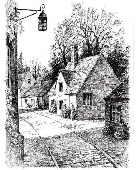 Village Drawing, Landscape Pencil Drawings, Urban Sketching, Landscape Sketch, Perspective Art, Cityscape Drawing, Cottage Drawing, Landscape Drawings, Architecture Drawing Art