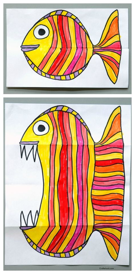Malen und Basteln mit Kindern - lustige Aufklappbilder *** Folding Fish paper art project. Art for kids, easy art projects Draw, Kunst, Resim, Ilustrasi, Knutselen, Sanat, Simple Art, Basteln, Handarbeit