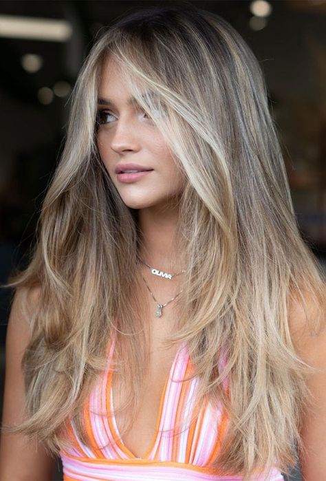 12. Dirty Blonde Layered Haircut If you’re bored with your current hairstyle, and looking for the different haircuts with bangs, colors and layers.  A... Balayage, Long Layered Hair, Ashy Blonde Highlights, Ashy Blonde, Dirty Blonde Hair, Blonde Layered Hair, Dirty Blonde, Long Layers, Straight Hair With Layers