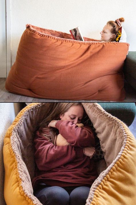This cool new Floof For People combines a soft floor cushion, a comfy cave-like safe space, a reading nook, a pocket, a cocoon, a bed, and a big hug. Giant Floor Pillows, Floor Bed Ideas For Adults, Floor Pillows Diy, Floor Pillows, Floor Cushions, Corner Bed Ideas, Bed On Floor, Cozy Seats, Floor Bed