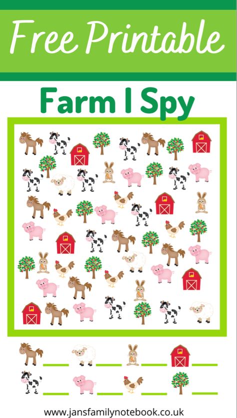 Free printable I spy farm animal kids activity perfect for preschool or kindergarten. Great boredom buster for a rainy day. Add to a farm unit study for children who love animals. #kidsactivities #freeprintablesforkids Diy, Activities For Kids, Farm Preschool, Farm Activities, Free Preschool, Printable Activities For Kids, Homeschool Activities, Outdoor Games For Preschoolers, Animal Activities