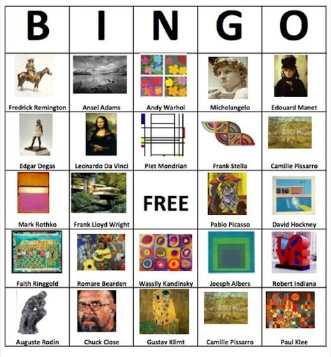 Make bingo cards with famous paintings.  I could see making this a review game by calling out the artist name and students put the marker on the corresponding painting.  Or do something with elements and principles as call words with paintings that correspond on the boards. Elementary Art, Art Lessons, Art Education, Art Lesson Plans, Middle School Art, Teaching Art, Art History Lessons, Art Worksheets, Art Curriculum