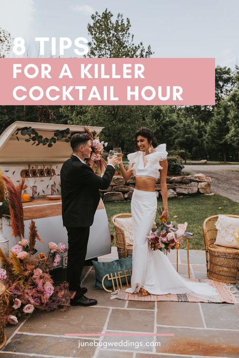 Give your wedding guests a moment to relax and enjoy some drinks! Here are 8 tips for a killer wedding cocktail hour. l Image by Jordan Jankun Photography Parties, Wedding Drinking Games, Wedding Cocktail Hour Entertainment, Wedding Cocktail Hour Food, Cocktail Hour Wedding, Wedding Cocktail Activities, Wedding Cocktail Hour Music, Wedding Cocktail Hour, Cocktail Hour Wedding Decorations