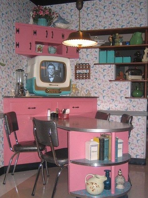 broadcastarchive-umd:  danism1:  Amazing 1950s kitchen.   If it wasn’t pink back then, it was turquoise. Sometimes both.  I love ’50s ...  1950's Vintage Kitchen Inspiration for Kate Beavis Vintage Expert #1950skitchen #fiftieskitchen #1950skitchenideas #kitchenideas #vintage #vintagekitchenideas #vintagekitchen #vintagedecor #vintagehome Inspiration, Interior, Retro Vintage, Design, Retro, Vintage, Vintage Décor, 80s, Retro Decor