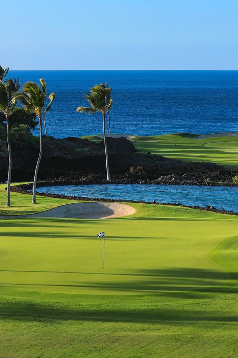 Picturesque Hawaii golf courses, like the palm tree-studded fairways at Mauna Lani, offer both 18- and 9-hole rounds with Pacific Ocean views, ancient lava fields and brilliant sunsets. #AlwaysAuberge Hawaiian Islands, Nature, Golf, Design, Pacific Ocean, Beach Rentals, Ocean Views, Ocean View, Resort