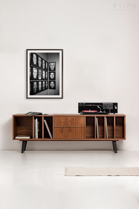 Keep your vinyl records safe and stylish with the NOLANA cabinet from STIPA. Made of American walnut veneer, this cabinet is perfect for Scandinavian, loft, industrial, and minimalist interiors. #VinylCabinet #VinylStorage #STIPA #NOLANA #HomeDecor Interior, Home Office Design, Furniture Design, Sideboard, Design, Home, Tv Lowboard, Scandinavian Furniture Design, Scandinavian Loft