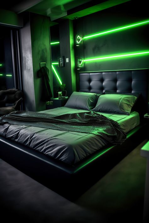 This neon bedroom showcases a modern industrial glow with gray tones and vivid green neon lights. The raw, edgy decor and sleek furniture create a contemporary and bold atmosphere. Neon, Design, Interior, Neon Lights Bedroom, Futuristic Bedroom Ideas, Led Lighting Bedroom, Futuristic Bedroom Design, Led Lights Bedroom Aesthetic, Neon Bedroom