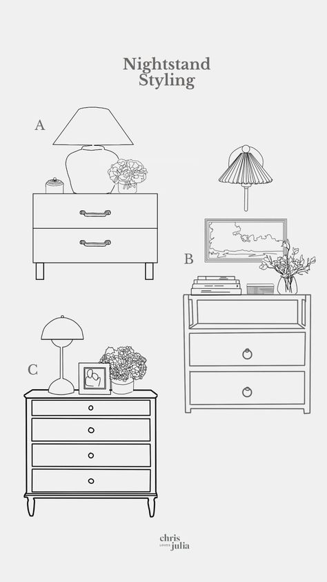 Home Décor, Interior, How To Style A Nightstand, Styling A Nightstand, How To Style A Dresser, Dresser Styling, Dresser Decor Bedroom, Dresser As Nightstand, Dresser Inspo