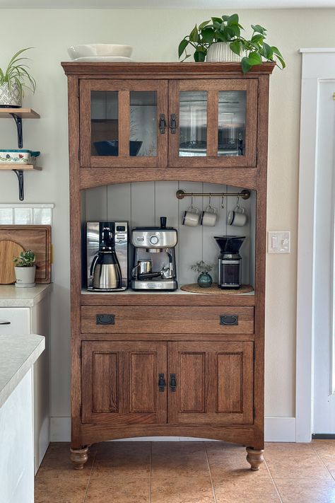 Turn an old hutch into your very own coffee bar cabinet. Say goodbye to cluttered countertops and hello to a custom coffee bar station. Home, Home Coffee Bar, Coffee Bar Home, Coffee Bars In Kitchen, Coffee Bar Station, Coffee Bar Cart, Bar Cabinet, Coffee Cabinet, Coffee Bar