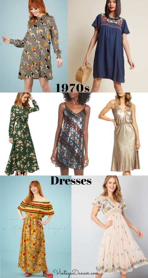 1970s dresses, 70s dresses, 1970s outfits ideas at VintageDancer.com Boho, Outfits, Retro, Vintage Dress 70s, 70s Dresses Vintage, 70s Dress Disco, 70s Dress, 1970s Dresses, Vintage Dresses