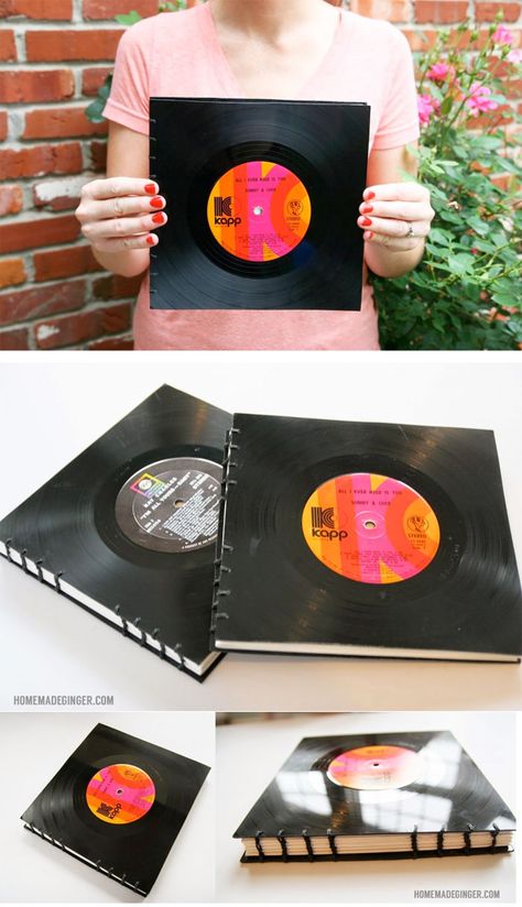 //HANDMADE VINYL RECORD BOOK// Use vinyl records to make a handmade book. This would make the perfect guest book for any music lover's wedding! Crafts, Diy, Upcycling, Recycling, Old Vinyl Records, Vinyl Record Projects, Vinyl Record Crafts, Record Art, Vinyl Record Art