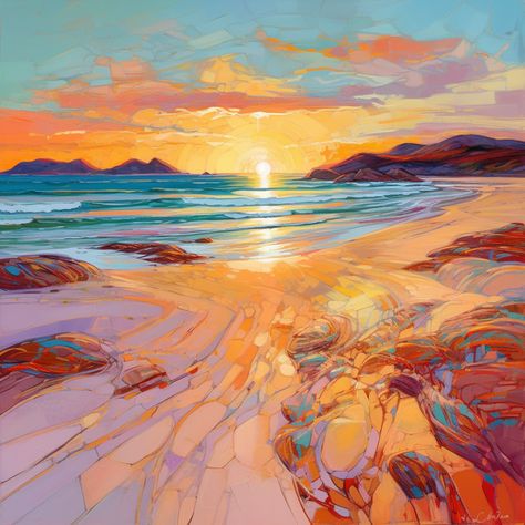 As the last rays of the sun kiss the day goodbye, our exclusive print captures the essence of Traigh Mhor's quiet majesty. With a palette that masterfully blends fiery oranges with soft purples and pinks, the canvas is alive with the vibrant hues of the sunset. The horizon is a symphony of silhouetted peaks, standing like silent sentinels over the tranquil sea that reflects the day's last light in a shimmering dance of golds and blues. The beach itself is rendered with striking texture and m... Landscape Paintings, Art, Impressionism, Abstract Landscape, Watercolor Landscape, Landscape Art, Impressionism Painting, Ocean Art, Pictures To Paint
