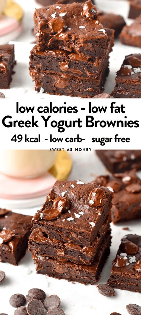 These healthy Greek Yogurt Brownies are the most surprising low calories brownies you will ever try. They are fudgy, chewy brownies packed with high-protein Greek yogurt and only 49 kcal per serving. Snacks, Brownies, Dessert, Desserts, Protein, High Protein Desserts, Healthy Protein Desserts, Protein Desserts, High Protein Recipes