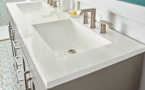 A white solid surface bathroom vanity top. - Choosing a Bathroom Vanity Diy, Bathroom Sink Vanity, Vanity Tops With Sink, Bathroom Vanities Without Tops, Bathroom Sink Tops, Bathroom Vanity Tops, Bathroom Countertop, Bathroom Countertops, Vanity Sink