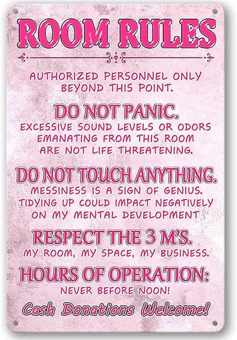 Amazon.com: Pink Room Decor For Teen Girls Room Rules Sign Bedroom Door Decor Cute Stuff Fun Room Signs For Teen Girl Aesthetic Cool Preppy Things Decorations For Bedroom Funny Metal Tin Sign 12 X 8 Inch : Baby Teen Girl Bedroom, Inspo, Girl Bedroom Decor, Pink Teen Girl Bedroom, Dekoration, Teen Bedroom Designs, Teen Girl Room Decor