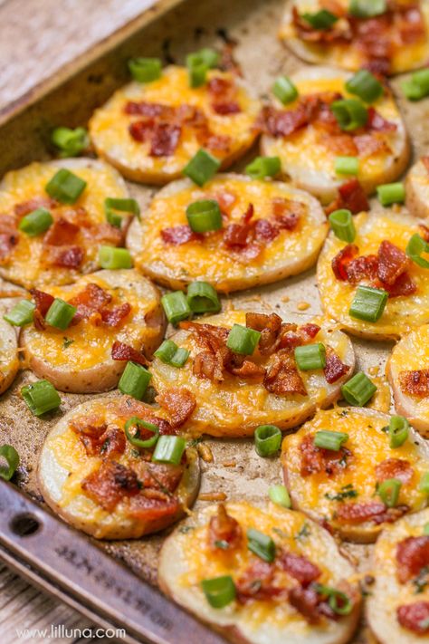 Loaded Baked Potato Rounds - a simple, quick and delicious side dish or appetizer full of cheeses and bacon! We love to dip ours in sour cream - YUM! Potato Rounds, Loaded Baked Potatoes, Appetizer, Baked Potato, Macaroni, Appetizer Recipes, Macaroni And Cheese, Potato, Cooking Recipes