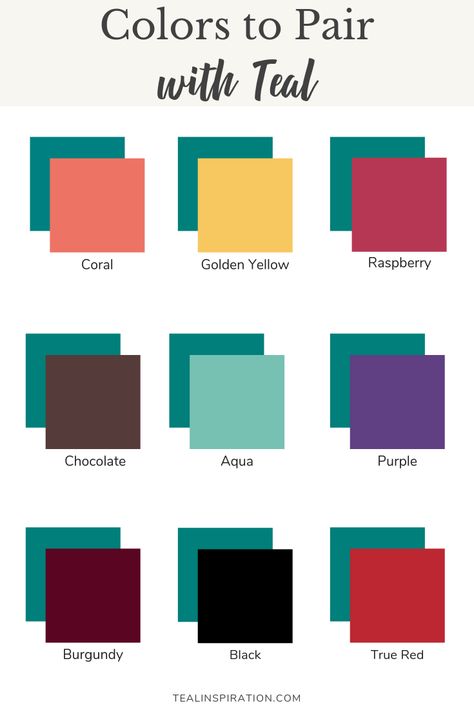 Colors to Pair with Teal Summer, Winter, Colour Schemes, Color Combinations For Clothes, Color Combinations, Color Trends, Color Schemes, Teal Color Palette, Color Pairing