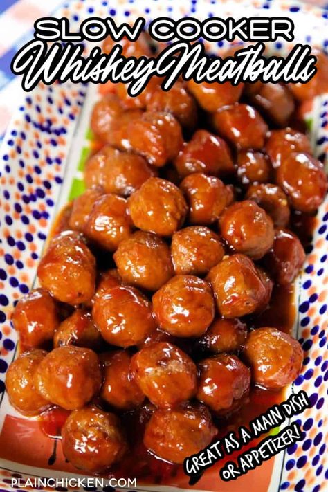 Slow Cooker Whiskey Meatballs - only 6 ingredients! Frozen meatballs, ketchup, brown sugar, Worcestershire sauce, lemon juice, and bourbon.Great for parties or as a main dish served over mashed potatoes or rice. Everyone always asks for the recipe! #slowcooker #crockpot #meatballs #partyfood Dips, Chicago Bears, Desserts, Parties, Slow Cooker, Meat Appetizers, Slow Cooker Meatballs, Crock Pot Meatballs, Meatball Recipe Slow Cooker