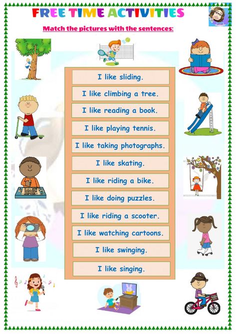 Free Time activities online worksheet for Grade 4. You can do the exercises online or download the worksheet as pdf. Learning English For Kids, Kindergarten Reading Worksheets, English Worksheets For Kids, English Activities For Kids, Kindergarten Reading, Fun Worksheets, English Conversation For Kids, English Learning Books, Free Time Activities