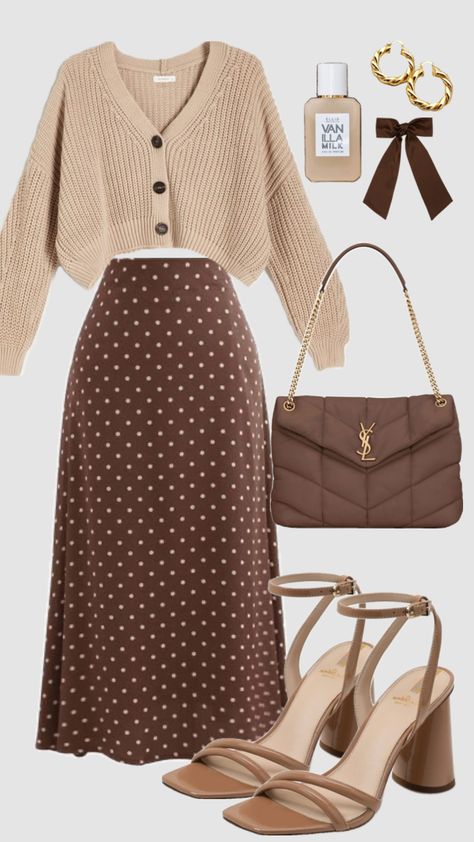 #neutralsaesthetic #vintage #outfitinpso #modestfashion #winter #outfit #churchoutfit #skirt #cardigan #brown #modestoutfit #ootd Clothes, Outfits, Style, Model, Gaya Rambut, Trendy, Styl, Outfit, Ootd