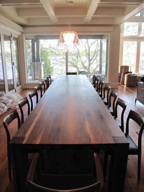 With its rich walnut finish and timeless design, picture this custom 16' long solid walnut dining table in your home!! Pair it with solid wood chairs, or a matching bench, the options are endless.  Visit our website to see more - we look forward to hearing from you. Wood Dining Room Table, Solid Wood Dining Table, Solid Wood Dining Set, Wood Dining Tables, Walnut Dining Table, Wooden Dining Tables, Custom Wood Dining Table, Wood Dinner Table, Rustic Dining Room Table