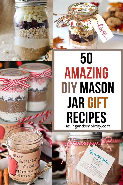 Discover 50 amazing mason jar recipes you can gift all year. DIY gifts in a gar. Cookie recipes in a mason jar, hot cocoa mix in a mason jar and so much more. Mason jar gifts including baking mixes in a jar, meals in a jar, soup mixes in a jar and other amazing mason jar crafts prefect for holiday gift giving. Mason Jar Gifts, Mason Jars, Diy, Mason Jar Gifts Recipes, Mason Jar Mixes, Mason Jar Drink Gifts, Mason Jar Soup, Mason Jar Cookie Mix Recipe, Jar Food Gifts