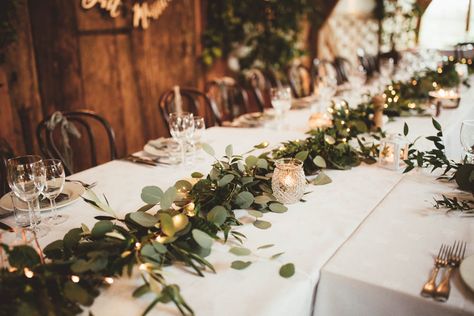 Wedding Centrepieces, Table Runners Wedding, Greenery Centerpiece, Lighted Centerpieces, Fairy Lights Wedding, Rustic Wedding Table, Rustic Wedding, Greenery Wedding, Wedding Centerpieces