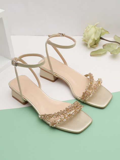 Gold Glamorous Collar   Plain Ankle Strap Embellished   Women Shoes Strap Sandals, Ankle Strap Heels, Embellished Sandals, Ankle Strap Sandals, Sandals Heels, Bridal Shoes Flats Sandals, Wedding Shoes Flats Sandals, Gold Shoes, Elegant Sandals