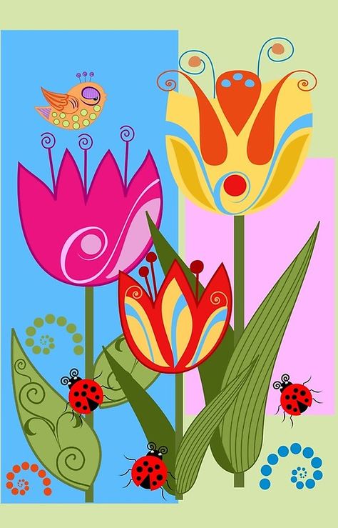 Flowers, Flower Doodles, Doodle Art, Whimsical Art, Whimsical, Folk Art Flowers, Ladybugs, Flower Collage, Flower Art