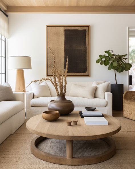 California cozy living room with round wood coffee table, large planter, pottery vases, wood lamp, abstract art Design, Wood Table Living Room, Round Coffee Table Living Room, Wood Coffee Table Living Room, Wood Table Modern, Modern Wood Coffee Table, Round Living Room Table, Round Coffee Table Decor, Round Coffee Table Styling