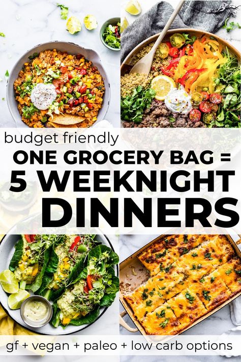 This weekly meal plan just might help you budget wisely while also enjoying meals delicious! Yes, 5 meals from 1 bag of groceries! Desserts, Healthy Recipes, Meal Plan Grocery List, Budget Meal Prep, Budget Weekly Meal Plan, Budget Meal Planning, Weekly Meal Plan Family, Weekly Meal Plans, Week Meal Plan