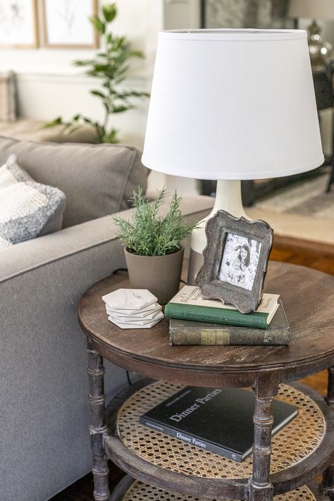 Simplified Decorating: How to Style End Tables - Bless'er House Home Décor, Side Table Decor Living Room, Farmhouse End Table Decor Living Room, Side Table Styling, Living Room Side Tables, Living Room Side Table, Living Room End Table Decor, Living Room Accent Table Decor, Living Room End Tables