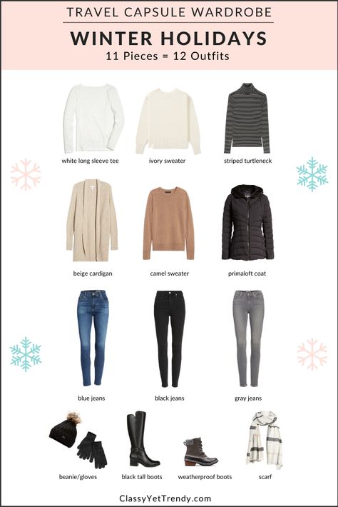 Winter Holidays Travel Capsule Wardrobe - Carry 11 Clothes & Shoes and Get 12 Outfits!  Shop the capsule with  the “Shop My Instagram” link in my Instagram page or here -> https://classyyettrendy.com/instagram-shop #capsulewardrobe #capsulewardrobeblogger #wardrobecapsule #dressbetterwithless #closetgoals #lessismore #lessclothes #leancloset #capsulecloset @shopstyle #shopstyle #winterstyle #winterfashion #everydaystyle #casuallook @shopstylecollective #ootdinspo #ootdinspiration #holidaysoutfit Casual, Winter Outfits, Capsule Wardrobe, Outfits, Winter, Winter Capsule Wardrobe Travel, Winter Travel Wardrobe, Holiday Capsule Wardrobe, Winter Capsule Wardrobe