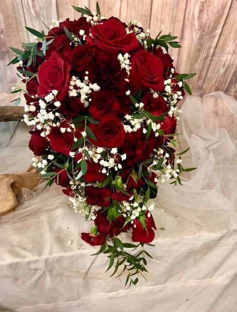 Red Carnation Wedding Bouquet, Cascading Red Bouquet, Cascading Red Rose Bouquet, Quince Flower Bouquets Red, Red And Ivory Bouquet, Red Floral Bouquets, Red Roses And Baby Breath Bouquet, Red Bouquets For Bride, Carnation And Rose Bouquet
