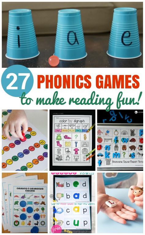 27 Phonics Games that make reading fun! Kids will love these fun hands-on phonics games that teach letter sounds, digraphs, letter blends, vowel sounds, and more! #playdoughtoplato #phonicsgames #teachingreading Pre K, Phonics Activities, English, Phonics Games, Preschool Phonics, Phonics Lessons, Phonics Sounds, Phonics Reading, Teaching Phonics